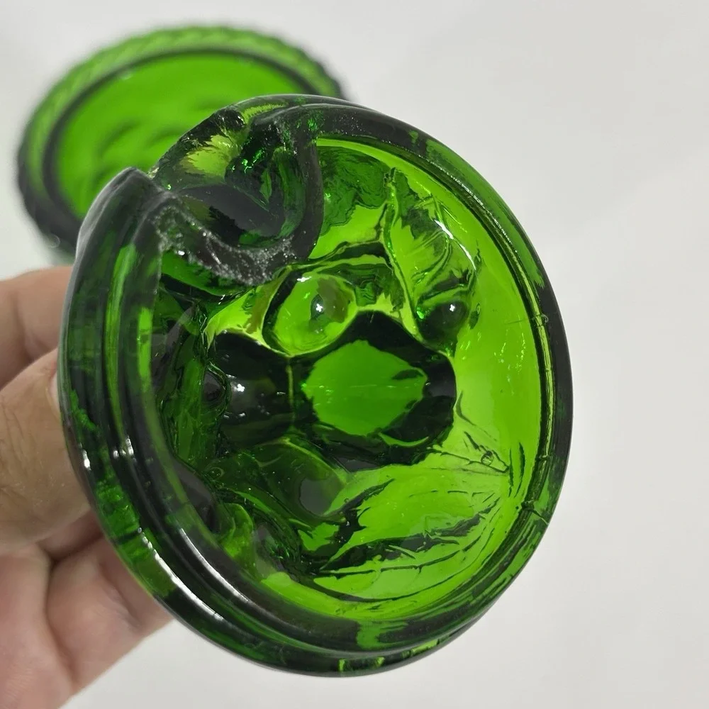 VTG Green‎ Glass Strawberry Basket Lidded Jelly Jam Jar With Spoon Slot Enesco